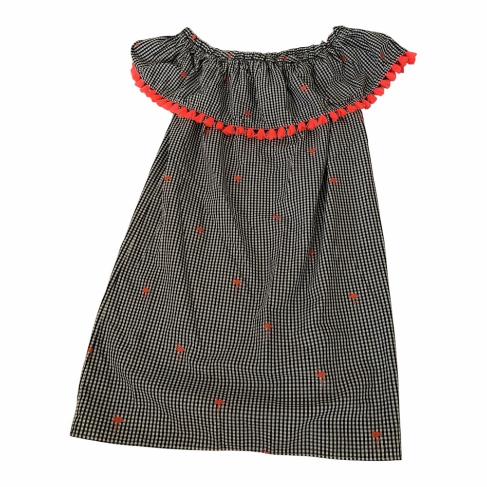NAF NAF Navy and White Gingham Dress with Coral Tassel Trim